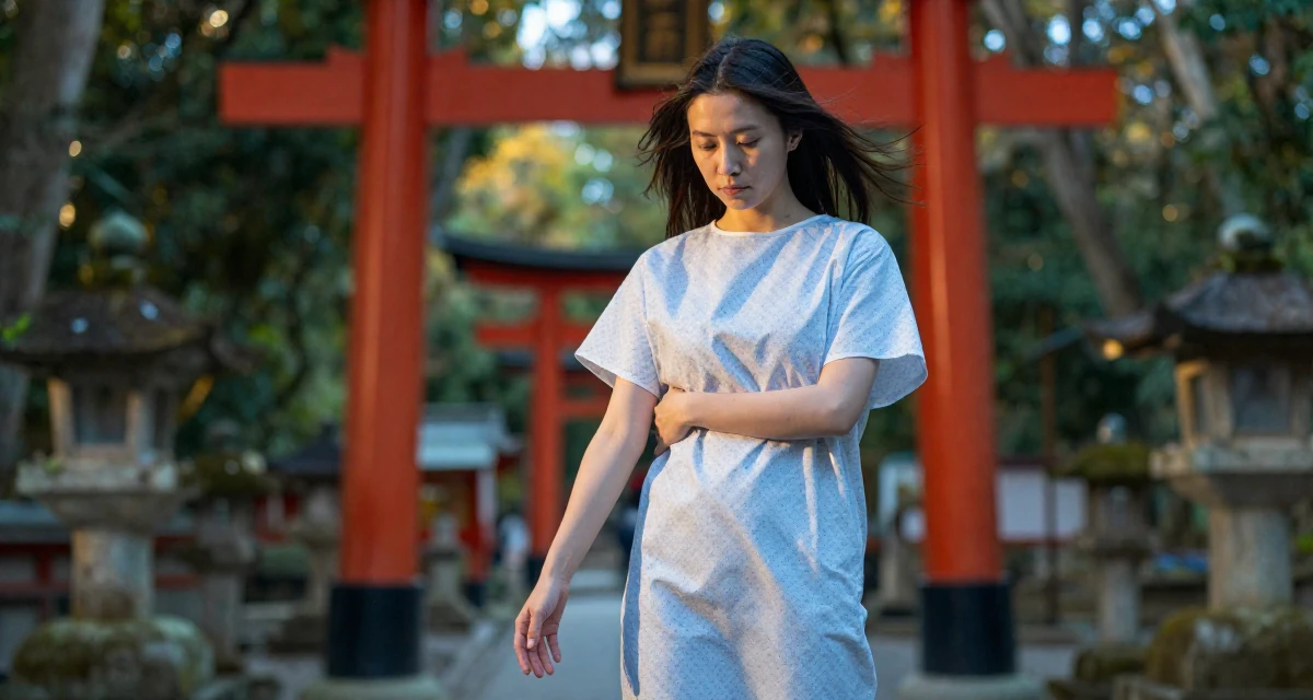 A tired Female From Birmingham United Kingdom, holds a degree in economics in their 27, just moved into a small apartment alone, wearing a hospital patient gown tailored to be form-fitting, tapping a foot rhythmically in a Japanese Shinto shrine.