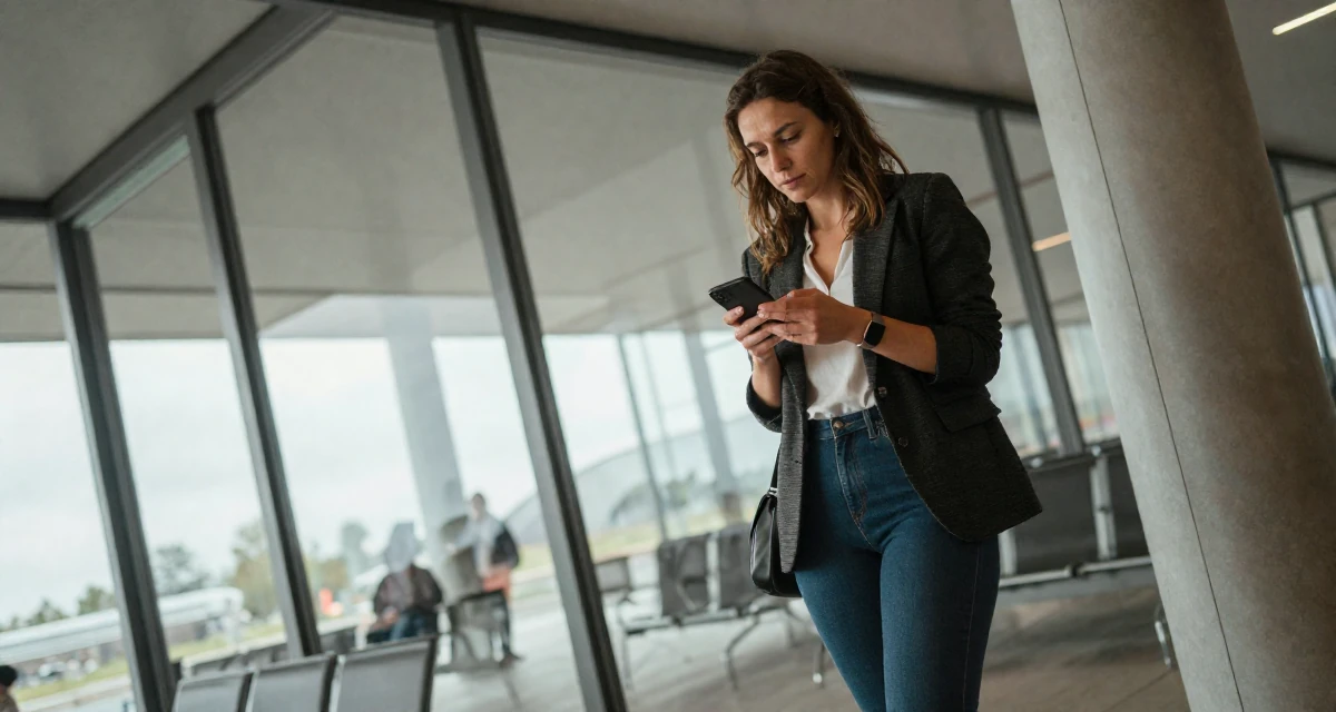 A relaxed Female From Belgium, studied film production in their 47, creating a guide for solo female travel, wearing a modern casual lifestyle wear, scrolling casually in a waiting room.