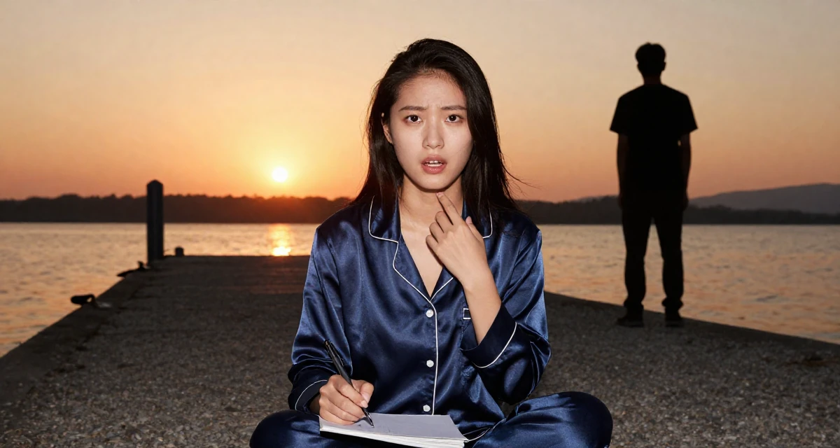 A energetic Female From China, studied computer graphics in their 20, navigating the awkwardness of early adulthood, wearing a satin pajamas set with the top unbuttoned, holding a pen poised to write in a lakeside dock.