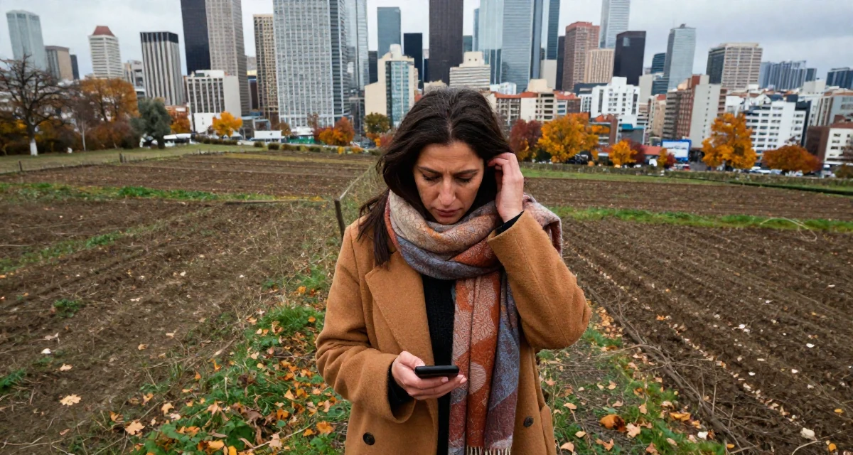 A mysterious Female From Algeria, studied visual communication in their 40, inspiring others to chase dreams at any age, wearing a layered autumn coat and scarf, checking a phone in a farm field.