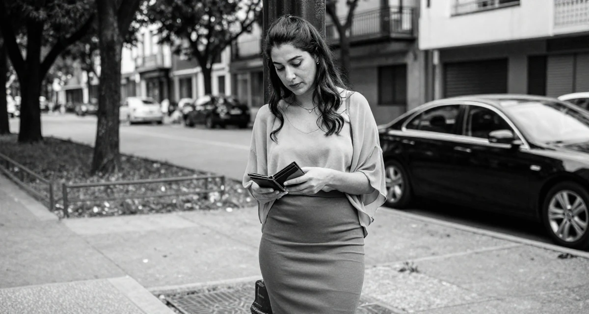 A relaxed and carefree Female From Argentina, studied digital illustration at a local art institute in their 36, building a community for working moms, wearing a tight pencil skirt and a loose chiffon top, checking a wallet in a quiet park.