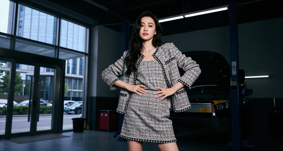 A charismatic Female Once a kindergarten helper, now producing warm lifestyle aesthetics in their 25, struggling with academic workload, wearing a tweed mini skirt and a matching jacket, smoothing down a dress in a mechanic garage.
