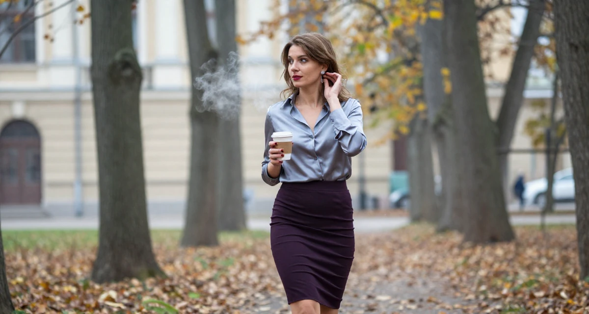 A whimsical Female From Hungary, based in Debrecen, graduated from a fashion program majoring in bold thematic styling in their 49, noticing early burnout signs, wearing a tight pencil skirt and a tucked-in silk blouse, putting on earrings in a autumn forest.