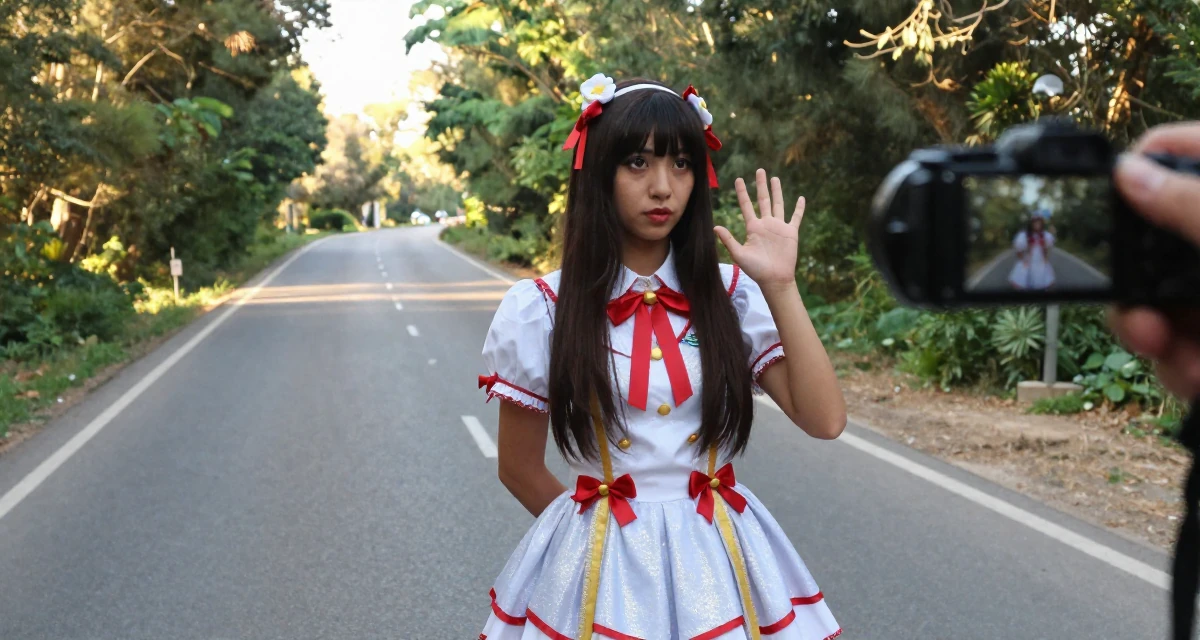 A pensive Female From Lebanon, based in Beirut, graduated from a creative institute majoring in expressive photoshoot styling in their 32, managing long-distance relationship, wearing a anime idol stage costume with ribbons and glitter, waving to someone in a magical forest clearing.