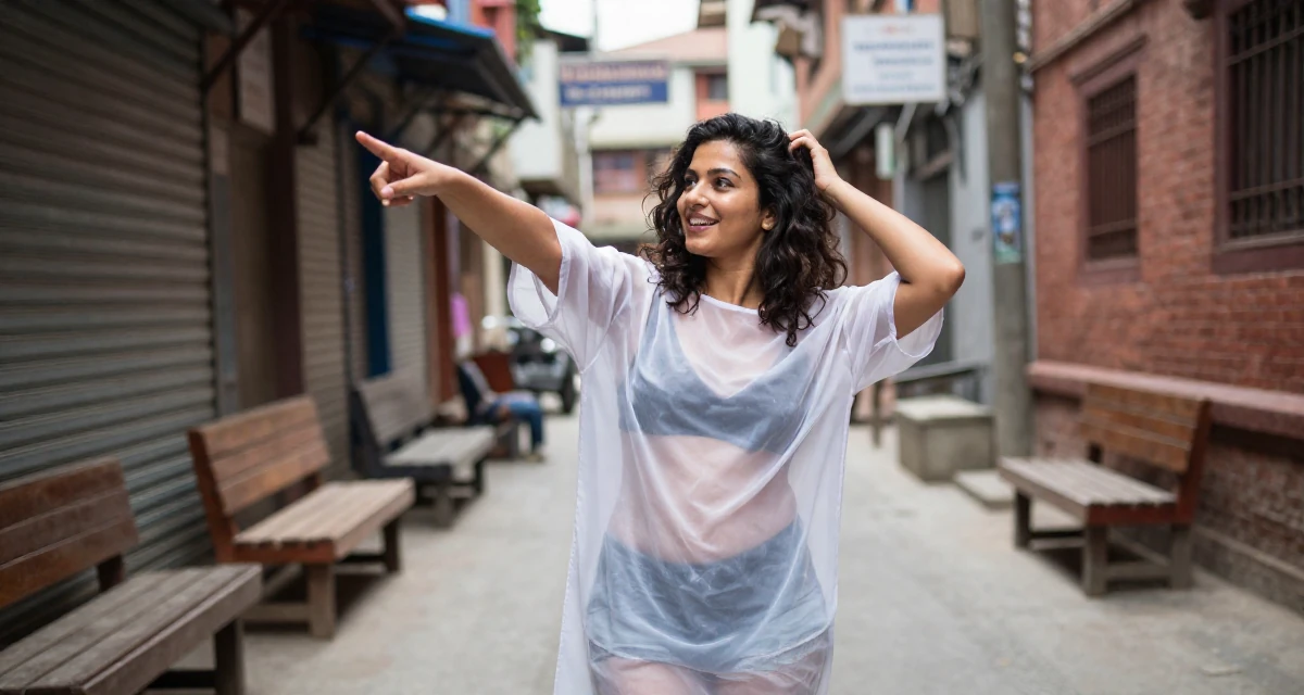 A joyful Female Grew up in Nepal, majored in marketing analytics in their 25, building a consistent weekly posting schedule, wearing a semi-transparent beach cover-up dress, messing up hair playfully in a quiet alleyway.