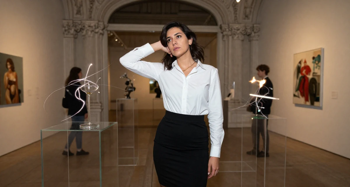 A moody Female From Montreal Canada, studied erotic art history and creative expression in their 23, deciding between safe and risky career moves, wearing a fitted white button-down shirt and a black pencil skirt, leaning head on a hand in a art gallery hall.