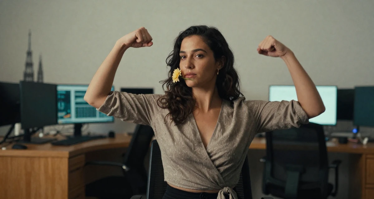 A vulnerable Female From Australia, trained in photography and visual arts in their 25, radiating an elegant and poised vibe, wearing a wrap blouse with a deep neckline, holding a single flower in a cybernetic computer lab.
