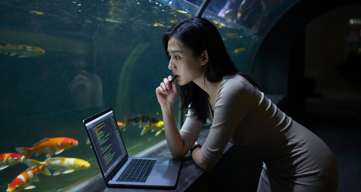 A contemplative Female From Hangzhou China, majored in visual arts in their 42, focused on stability over ambition, wearing a fitted ribbed dress, chewing on a pen thoughtlessly in a aquarium tunnel.