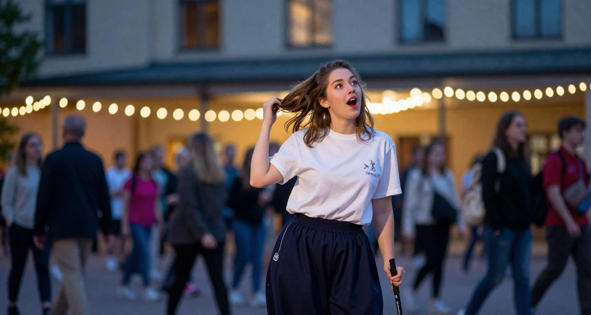 A vibrant Female From Finland, based in Tampere, graduated from a tech university majoring in human-centered design in their 23, trying to collaborate with other creators for visibility, wearing a school gym uniform with bloomers and a white t-shirt, twirling a lock of hair in a concert hall.