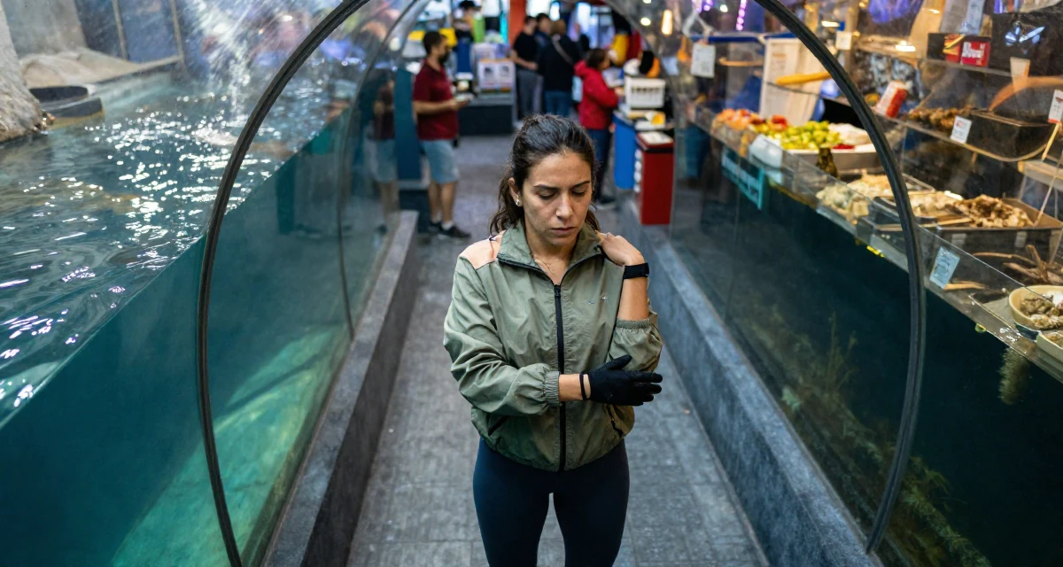 A engrossed Female From Mexico, studied cultural studies in their 28, facing that growth sometimes plateaus for months, wearing a sporty windbreaker and leggings, putting on a glove in a aquarium tunnel.