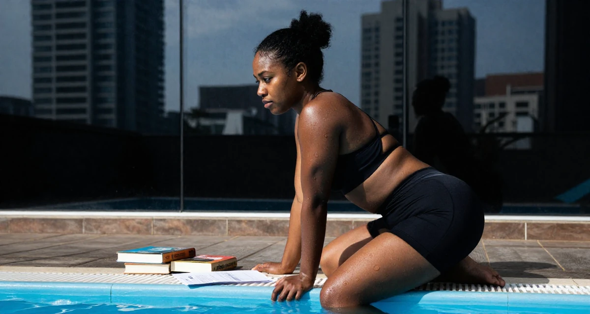 A affectionate Female From Rwanda, majored in social innovation in their 27, feeling more comfortable in their own skin, wearing a strappy gym top and compression shorts, posing for a selfie in a swimming pool deck.