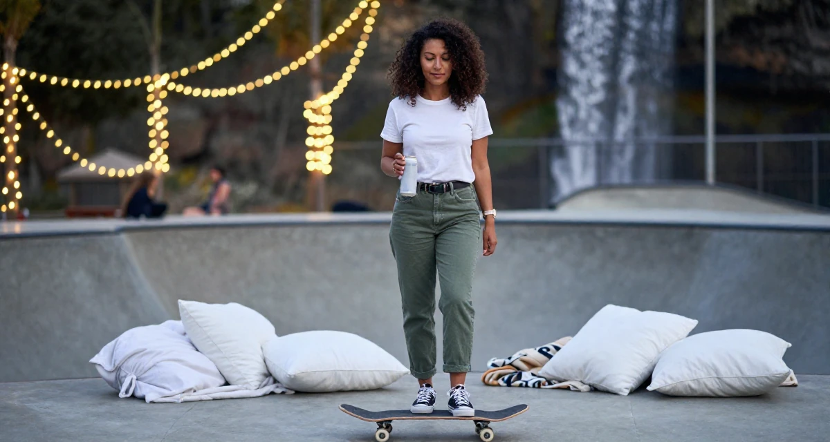 A serene and peaceful Female From Angola, majored in logistics operations in their 34, managing mortgage payments, wearing a modern casual lifestyle wear, holding a beverage can in a skate park.