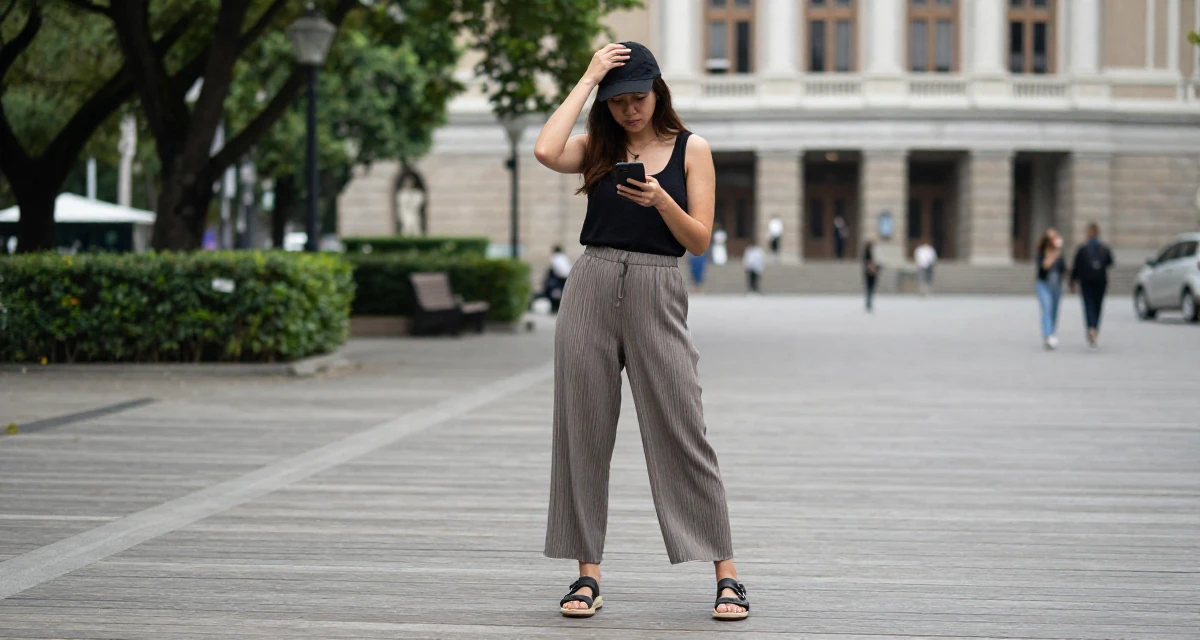A aloof Female From Kaohsiung Taiwan, started modeling while studying visual design in their 21, struggling to disconnect from social media, wearing a relaxed fit pleated trousers, tipping a hat in a quiet park.