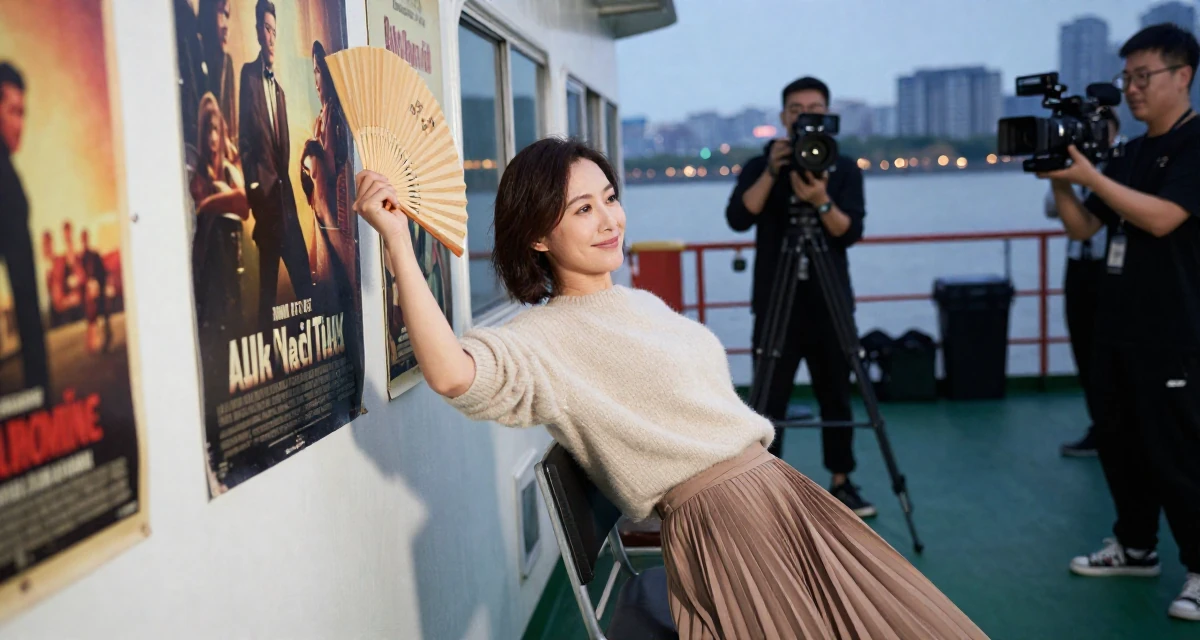 A sweet Female From Nanjing China, picked up videography working backstage at events in their 48, fitness instructor focused on mobility and strength, wearing a soft cashmere sweater and a pleated midi skirt, fanning self with a hand in a ferry deck.