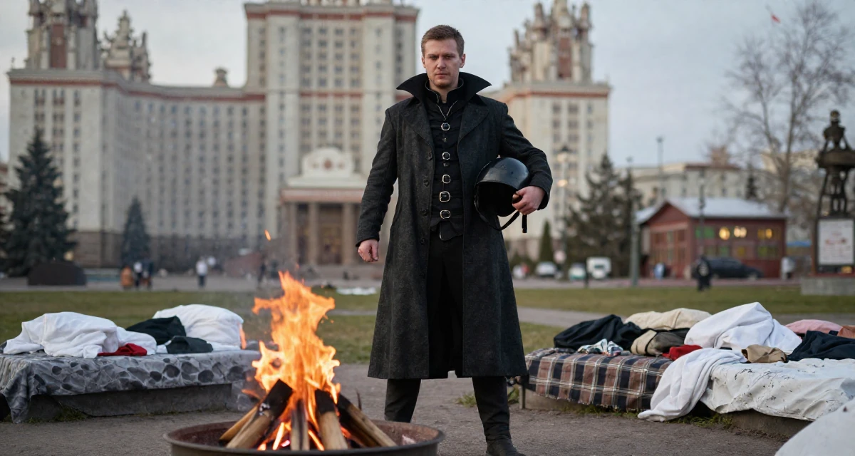 A grounded male From Russia, studied computer science at a technical university in their 34, redefining what success means personally, wearing a gothic vampire hunter outfit with a long coat, holding a helmet under one arm in a campfire circle.