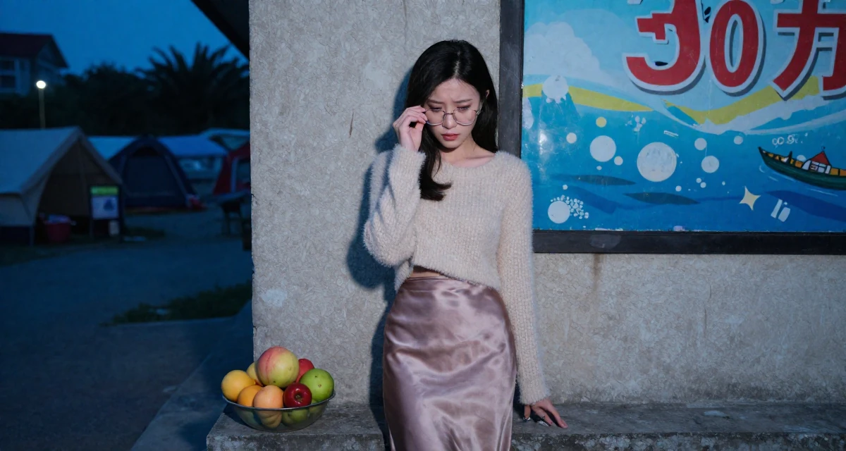 A sorrowful Female From Vietnam, based in Nha Trang, graduated from a media school majoring in soft-romantic content direction in their 22, determined to prove their worth quickly, wearing a satin midi skirt and a fuzzy cropped sweater, pushing glasses up the nose in a camping site.