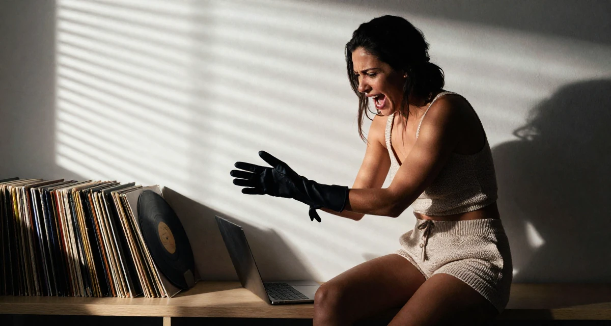 A anxious but excited Female From Guadalajara Mexico, majored in business analytics in their 25, balancing hard work with luxury self-care, wearing a knitted loungewear shorts and a matching tiny top, removing a glove in a breakfast nook.