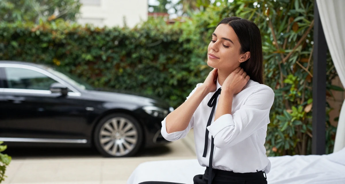 A lighthearted Female From France, trained in perfumery and chemistry in their 21, seeking internships and professional validation, wearing a white shirt with a black ribbon tie, massaging the neck in a garden patio.