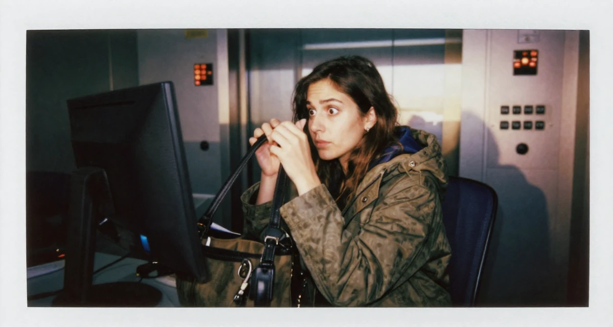 A placid Female From Valencia Spain, learned lifestyle videography for warm climates in their 20, eyes wide with wonder and confusion, wearing a stylish parka jacket, looking through a bag in a cybernetic computer lab.