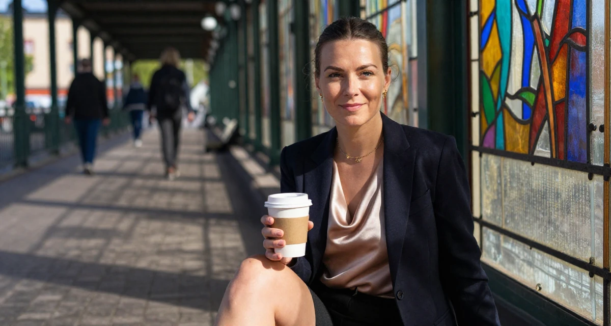 A sincere Female From Tampere Finland, learned intimate storytelling through slow-mode videography in their 25, managing early financial independence, wearing a satin cowl neck top under a business suit, holding a cup of coffee in a bridge walkway.