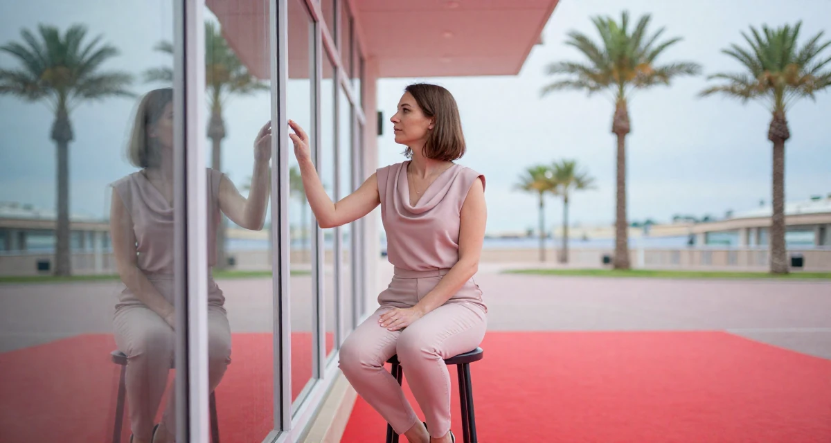 A zen-like Female From Saint Petersburg Russia, studied fine arts in their 25, deciding to start a business or bold project, wearing a draped neckline top and fitted slacks, checking a reflection in a window in a red carpet event.