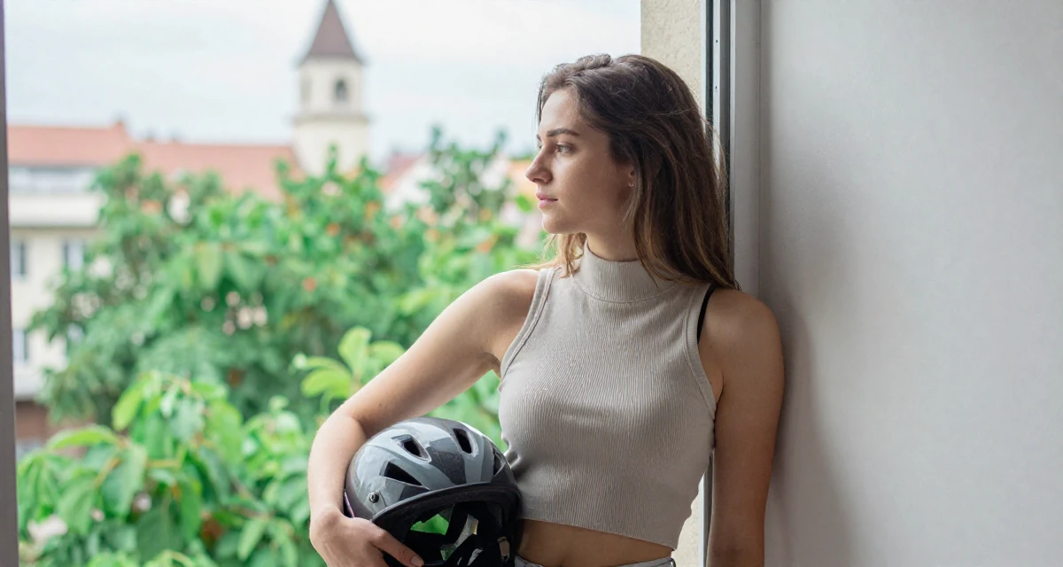 A tranquil Female From Romania, based in Timișoara, graduated from a creative program majoring in evocative content production in their 22, adapting to the shift from school to full-time work, wearing a high-neck sleeveless crop top showing toned arms, holding a helmet in a home interior.