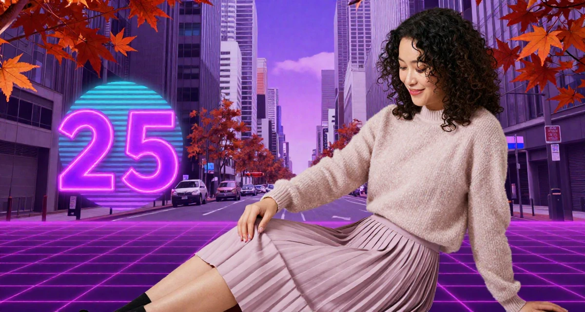 A friendly Female From Taiwan, studied visual communication design in their 25, evaluating whether to rebrand for better growth, wearing a soft cashmere sweater and a pleated midi skirt, smoothing down a dress in a urban street.