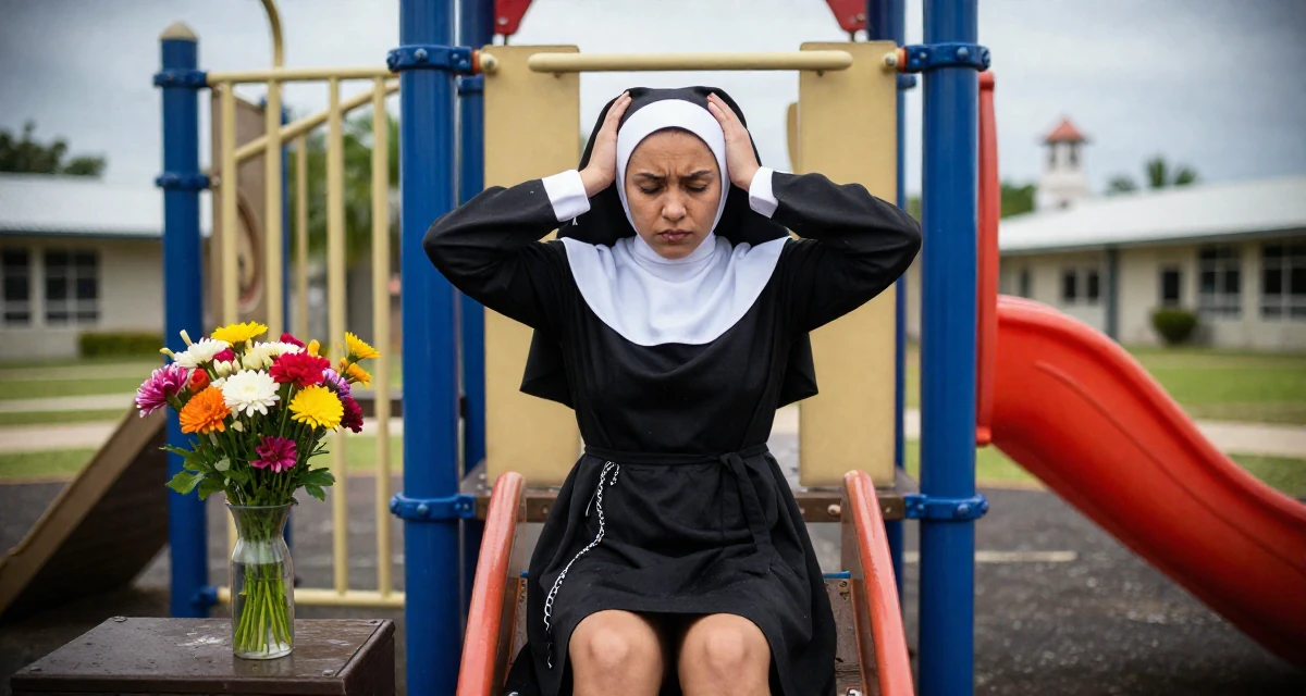 A stressed Female From Bahamas, studied finance and banking in their 31, finding joy in small daily rituals, wearing a gothic nun habit with a modified short skirt, shivering slightly in a school playground.