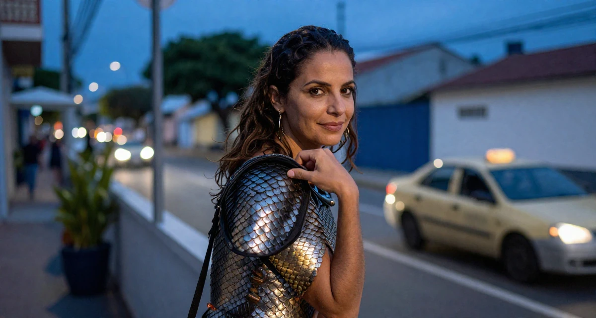 A gently amused Female From Brazil, majored in sociology in their 36, pivoting career paths completely, wearing a dragon scale armor texture with metallic sheen, adjusting a shoulder strap in a sunny patio.