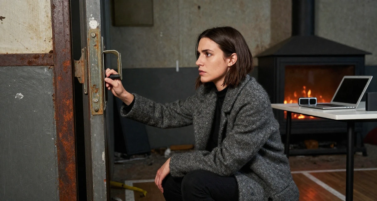 A intense Female Former geography club member, now producing exploration-themed content in their 34, exploring the world of digital art and NFTs, wearing a elegant woolen coat styling, opening a door in a basketball court.