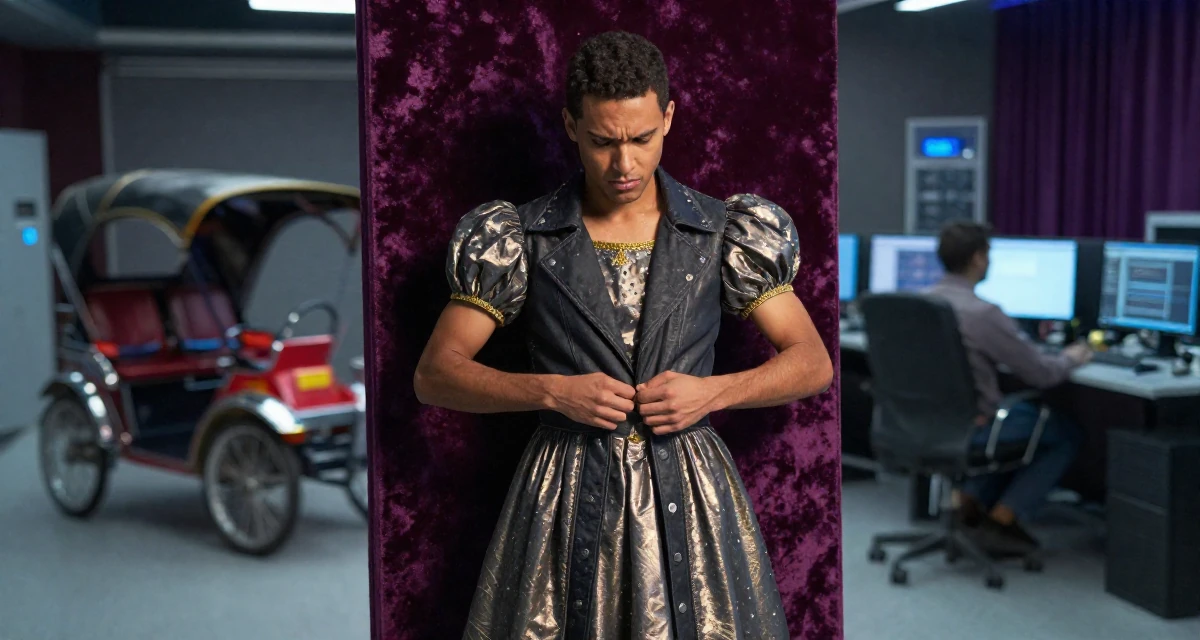 A determined male Born overseas, studied communication studies in their 23, regretting creative decisions but needing to post anyway, wearing a galactic princess gown with metallic fabrics, buttoning up a jacket in a cybernetic computer lab.