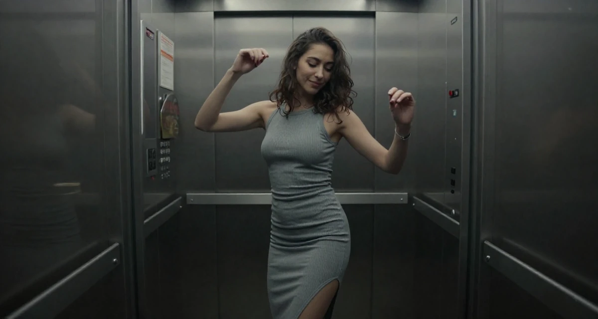 A quietly happy Female From Belgium, studied film production in their 31, balancing career peaks with personal downtime, wearing a tight ribbed midi dress with side slits, inspecting fingernails in a elevator hall.