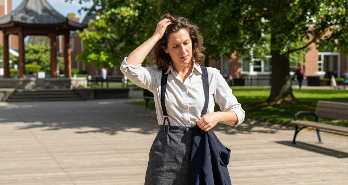 A reserved Female From Birmingham United Kingdom, holds a degree in economics in their 47, navigating the challenges of the sandwich generation, wearing a high-waisted skirt with suspenders and a shirt, buttoning a jacket in a university campus.