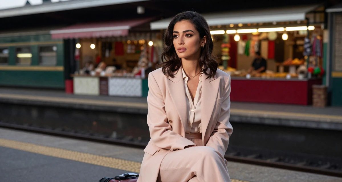 A alert and attentive Female From Lebanon, based in Beirut, graduated from a creative institute majoring in expressive photoshoot styling in their 33, exploring luxury travel and fine living, wearing a soft pastel-colored ensemble, glancing sideways in a train platform.