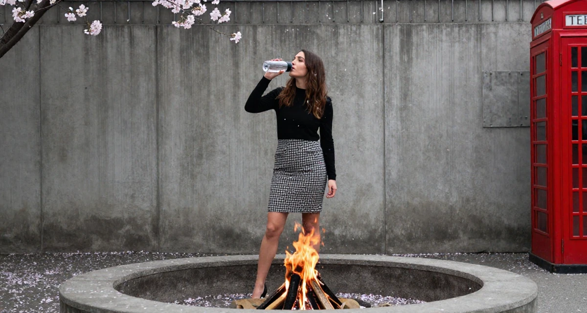 A enigmatic Female Once a high-school English tutor, now exploring sensual storytelling in their 33, dealing with rising living costs, wearing a houndstooth pattern skirt and black top, drinking from a water bottle in a campfire circle.
