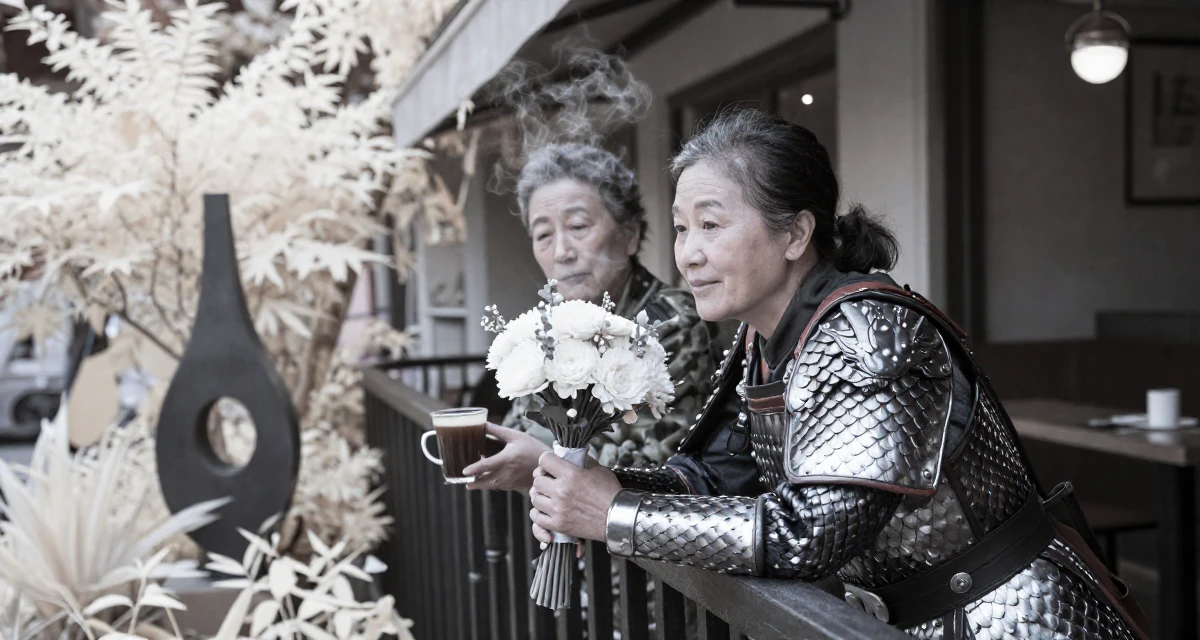 A amused Female Once a soldier trainee, now exploring softer sides through creator work in their 40, supporting aging parents, wearing a dragon scale armor texture with metallic sheen, holding a bouquet in a cozy café.