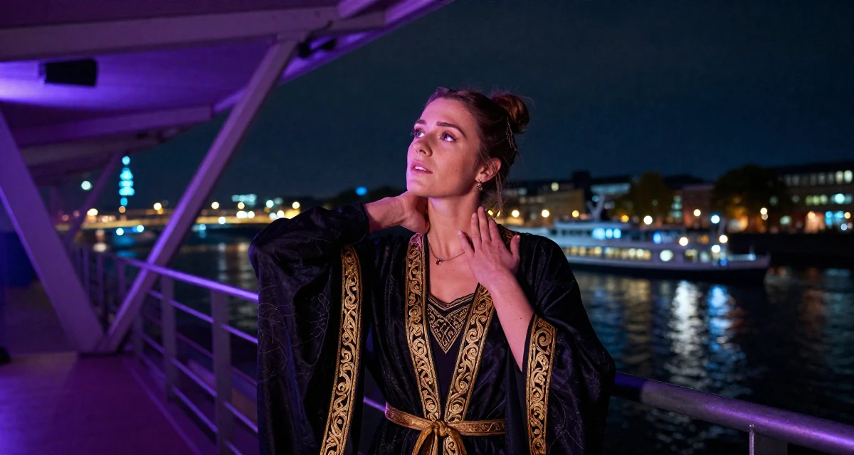 A curious and focused Female From Hamburg Germany, majored in sociology in their 27, dealing with the emotional cost of visibility, wearing a high-fantasy sorceress robe with gold embroidery, massaging the neck in a yoga studio.