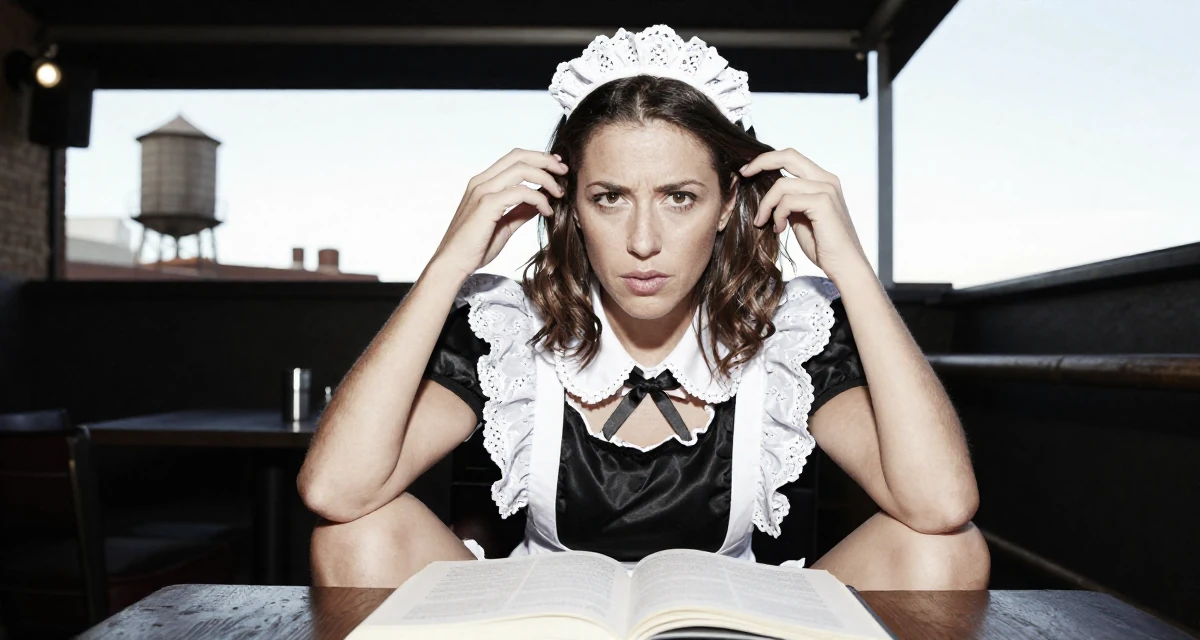 A serious Female From Madrid Spain, studied journalism in their 42, expert consultant sharing industry secrets, wearing a french maid costume with black silk and white lace, retouching hair volume in a dimly lit jazz bar.