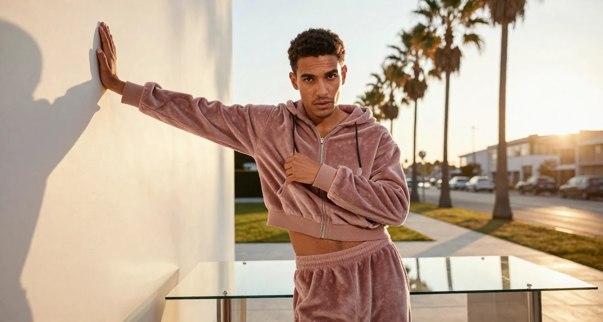 A hypnotic male From Germany, majored in mechanical engineering in their 23, gaining confidence through playful outfit themes, wearing a velour tracksuit with a cropped zip-up hoodie, adjusting sleeves in a fashion runway.