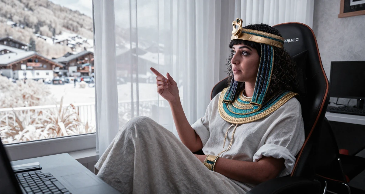 A nostalgic Female From Ethiopia, studied software development in their 49, savvy investor sharing retirement planning tips, wearing a egyptian queen costume with gold collar and linen, rolling up sleeves in a gaming room.