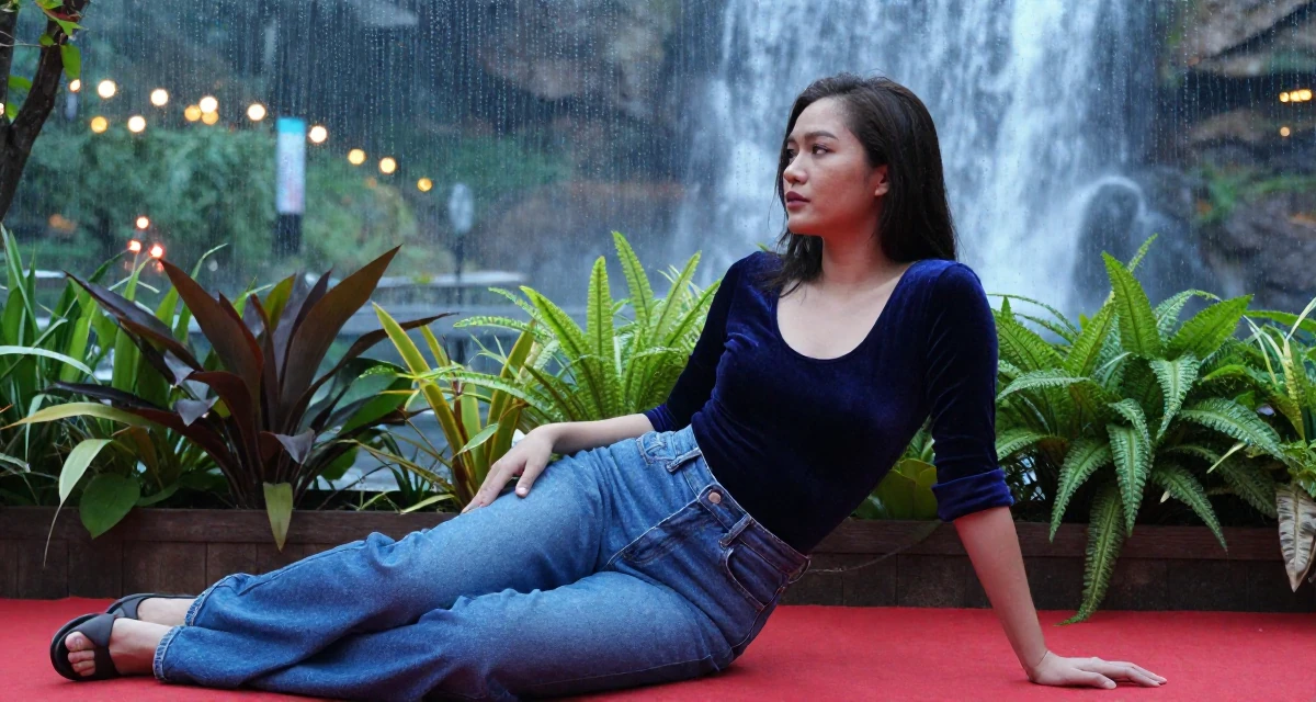 A reflective Female From Thailand, based in Chiang Mai, graduated from a regional college majoring in content production in their 50, proof that life begins at fifty, wearing a velvet bodysuit and high-waisted mom jeans, rolling up sleeves in a red carpet event.