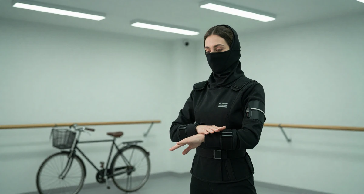 A wistful Female Former receptionist at a spa, now blending wellness with creator content in their 24, navigating office politics for the first time, wearing a tech-wear ninja outfit with a face mask, wiping hands in a ballet studio.
