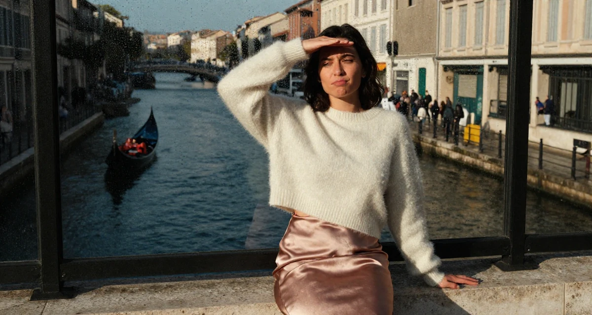 A pouting Female From Marseille France, majored in culinary arts in their 34, sharing the journey of infertility and hope, wearing a satin midi skirt and a fuzzy cropped sweater, shading eyes from the sun in a bridge walkway.