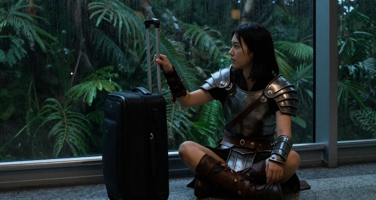 A ambitious Female From Tokyo Japan, majored in literature in their 22, preparing for upcoming graduation requirements, wearing a gladiator armor with leather straps and a metal breastplate, polling a luggage handle in a airport terminal.