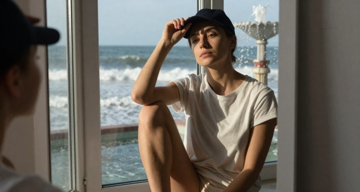 A subtly confident Female From Moscow Russia, trained in rhythmic gymnastics and body control in their 25, setting long-term goals for subscriptions and renewals, wearing a minimalist everyday clothing, tipping a hat in a vanity mirror.