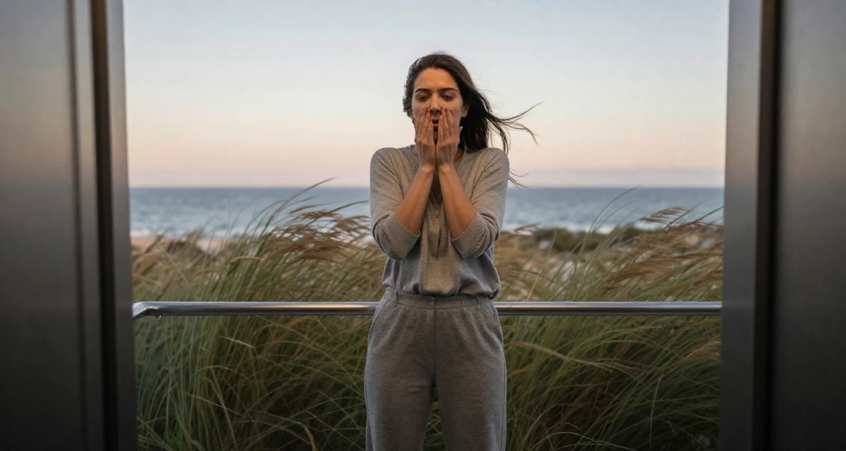 A elegant Female Previously a hairstylist, now showcasing transformation-driven content in their 25, learning resilience through financial instability, wearing a grey tones casual wear, shivering slightly in a corporate elevator.