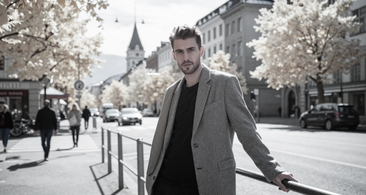 A empowered male From Switzerland, based in Zurich, graduated from a creative institute majoring in high-end glam production in their 32, urban explorer finding beauty in the city, wearing a oversized blazer draped over the shoulders, leaning on a railing in a busy crosswalk.