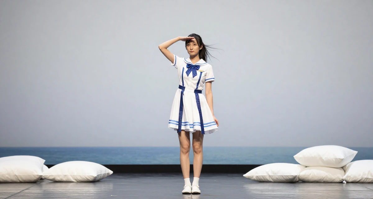 A curious and focused Female Raised in Kazakhstan, majored in global business in their 21, trying to act professional at a first internship, wearing a anime idol stage costume with ribbons and glitter, shielding face from the wind in a theater stage.