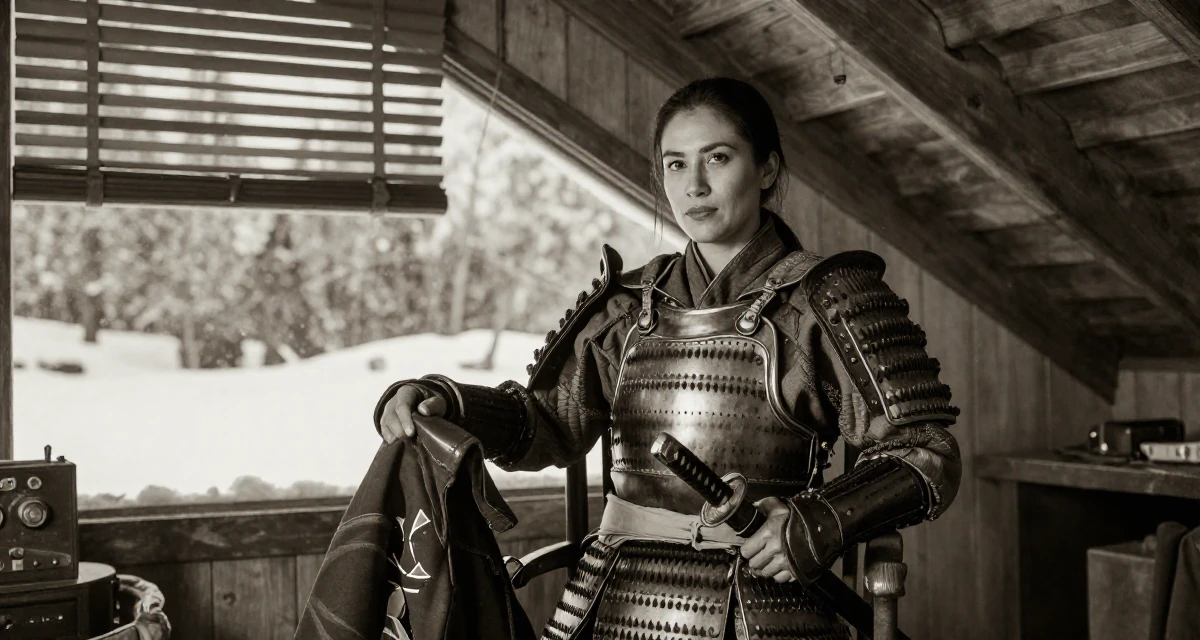 A proud Female From the Philippines, majored in mass media in their 44, advocate for financial literacy for women, wearing a samurai armor set with a katana at the waist, putting on a jacket in a attic room.