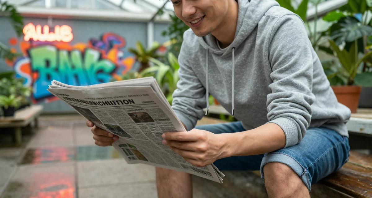 A warm and welcoming male From Chinese-speaking regions, majored in marketing analytics in their 25, establishing a distinct personal brand, wearing a casual hoodie and denim shorts, holding a newspaper in a botanical greenhouse.
